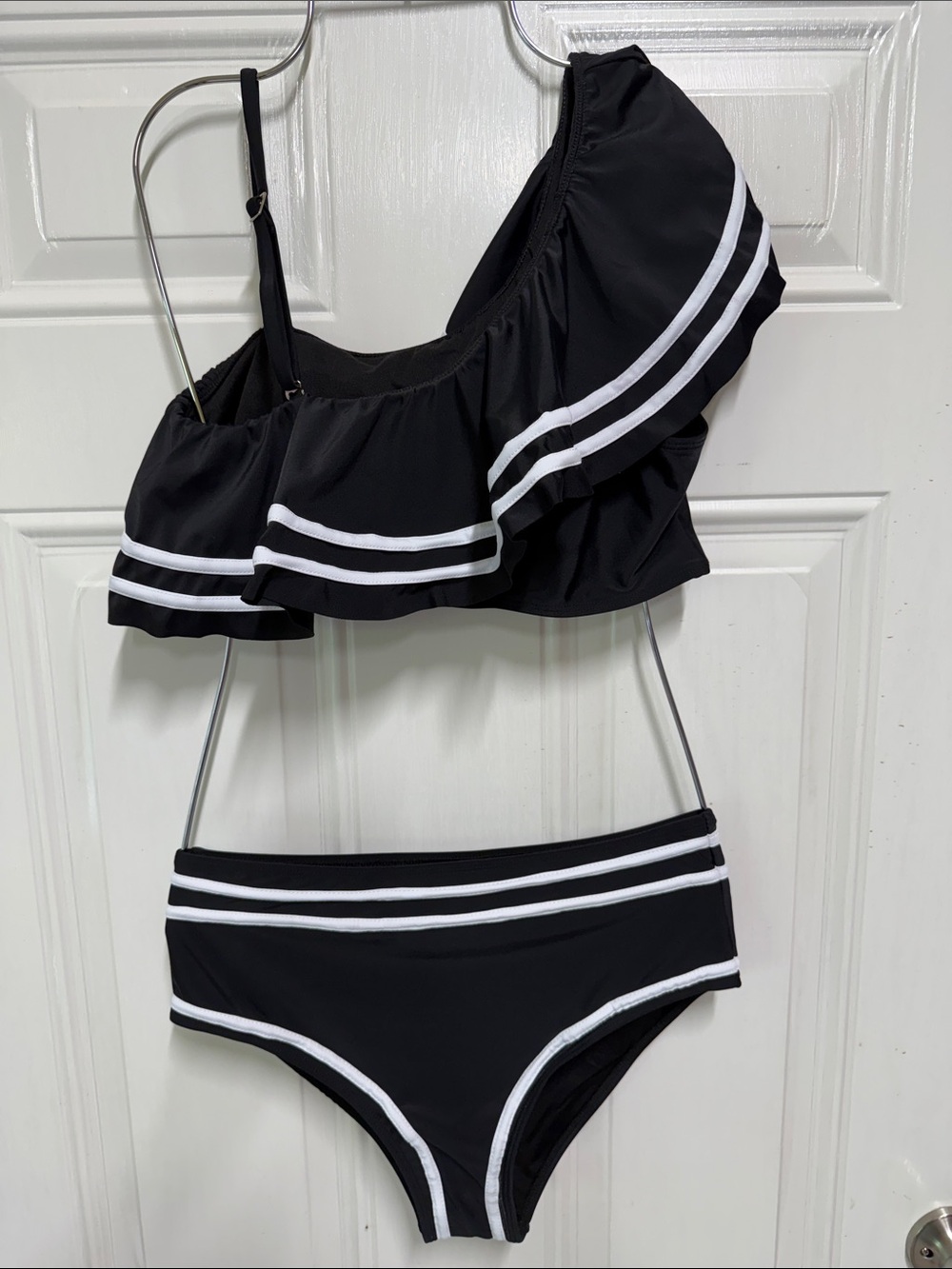 Black Ruffle One-Shoulder Bikini with White Stripe